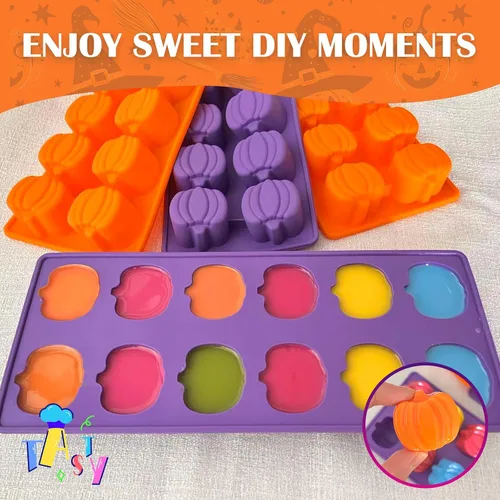 Vista 5 de Molde de calabaza para chocolate, 4 unidades, SAGOOITS con 12 cavidades, molde de chocolate otoñal para hornear, decoración de pasteles, Acción
