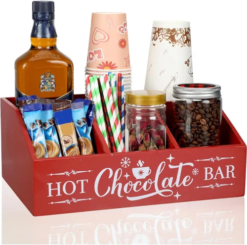 Vista 7 de Barydat Barra de Chocolate Caliente Navideño Estación de Café de Madera Organizador de Encimera con 4 Compartimentos Barra de Café Soporte Negro