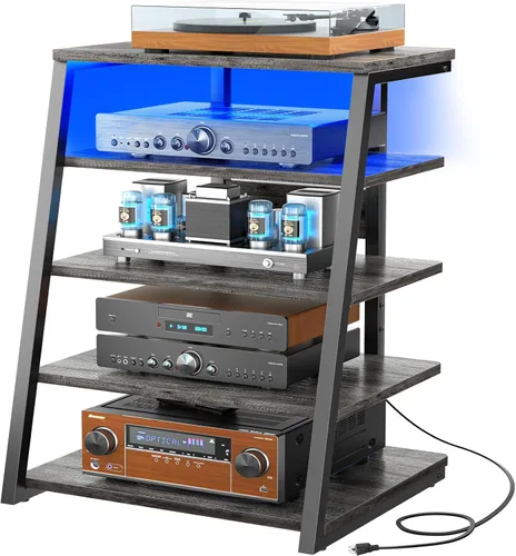 Vista 13 de Soporte multimedia AV de 4 niveles con tiras de alimentación, soporte estéreo con luces LED, torre de audio en rack con estantes ajustables, pequeño