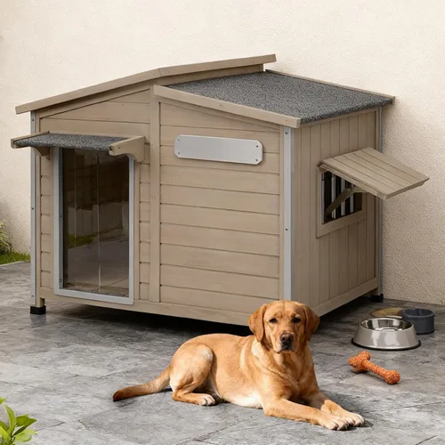 Vista 13 de Gowoodhut Casa para perros al aire libre, resistente a la intemperie, gran perrera de madera para interiores para perros pequeños con marco a prueba