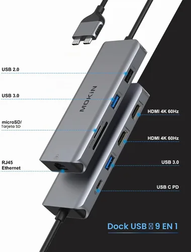 Vista 2 de MOKiN - Estación de acoplamiento para MacBook Pro, adaptador HDMI de doble monitor MacBook Pro/Air Adaptadores USB C 9 en 1 para MacBook Pro Air