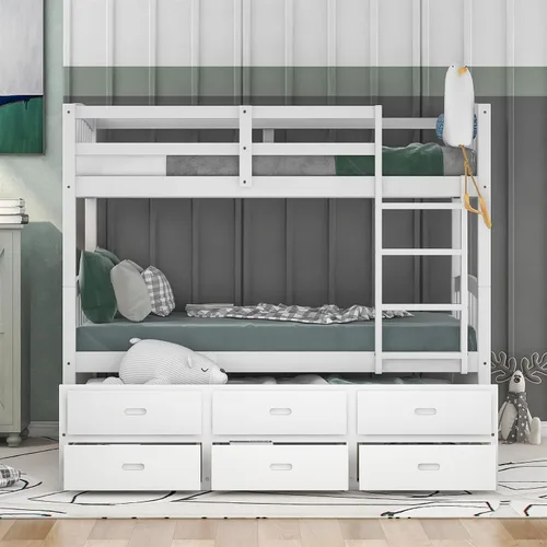 Vista 3 de Harper & Bright Designs Litera de madera maciza con nido, litera individual sobre individual con 3 cajones de almacenamiento y riel de seguridad, se