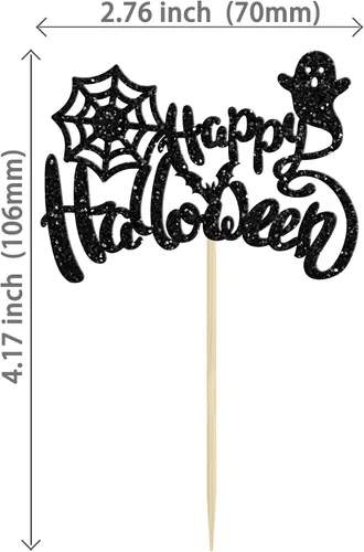 Vista 2 de Ephlyn 24 adornos negros para tartas de Halloween con purpurina fantasma Negro Halloween