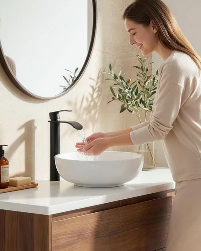 Vista 2 de Canilla para lavabo de recipiente color negro para baño: WOWOW - Canilla de baño alta de una sola manija - Canilla mezcladora de caída en cascada