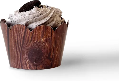 Vista 6 de Envoltorios de madera para cupcakes, 48 unidades, temática de bosque, decoraciones de fiesta occidental, decoración de campamento, tema de campo