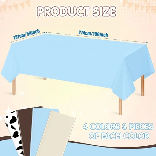 Vista 2 de Paquete de 12 manteles de plástico para baby shower de vaquero para mesas rectangulares, funda de mesa desechable con estampado de vaca, mantel