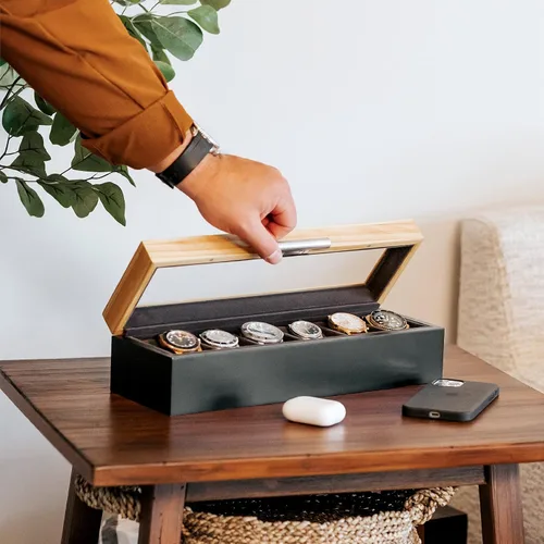 Vista 7 de CASE ELEGANCE Pino de dos tonos y base negra con mango de aluminio moderno caja de reloj de 6 ranuras con vidrio real