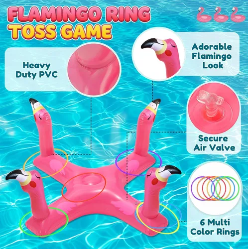 Vista 5 de Uniqhia Anillo inflable para piscina con 6 anillos, juego de piscina flotante de tiburón y flamenco con 6 anillos, juegos de piscina para niños