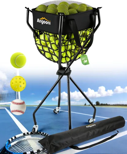 Vista 9 de Angooni Professional Tennis Cart, 150/240 Ball Capacity, Silent PU Wheels
