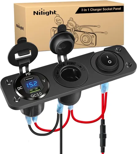 Vista 10 de Nilight - Panel de enchufe de salida 4 en 1, 12V CC, 4.8A, voltímetro LED, interruptor basculante de encendido y apagado con luz, encendedor de 4