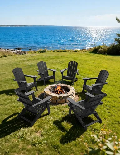 Vista 2 de Silla Adirondack Plegable, Sillas Adirondack de Plástico con Textura de Madera con 2 Portavasos, Silla para Hoguera de HDPE Resistente a