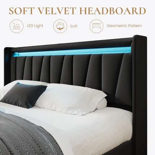 Vista 5 de SHA CERLIN - Base de cama tamaño King con estación de carga y luces LED, cama moderna de plataforma de terciopelo con cabecera tapizada geométrica