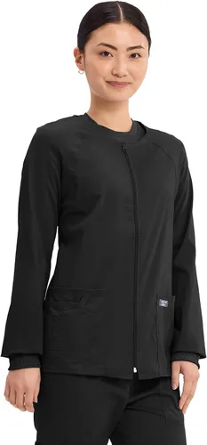 Vista 4 de Cherokee Chaqueta médica con cremallera frontal para mujer, 3 bolsillos, elástica en 2 direcciones, suave, transpirable, sarga cepillada, 4315