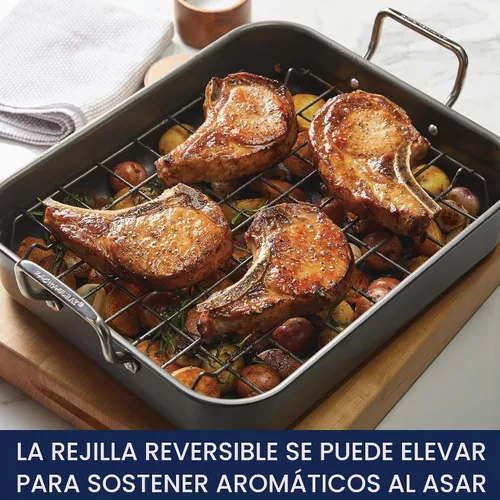 Vista 9 de Rachael Ray Bakeware Asador/Bandeja para Asar Antiadherente con Rejilla Reversible, 16.5 Pulgadas x 13.5 Pulgadas, Gris