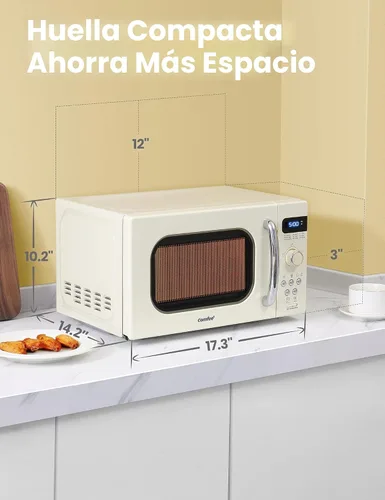 Vista 5 de COMFEE' Horno de microondas pequeño retro con tamaño compacto, 9 menús preestablecidos, plato giratorio con memoria de posición, función