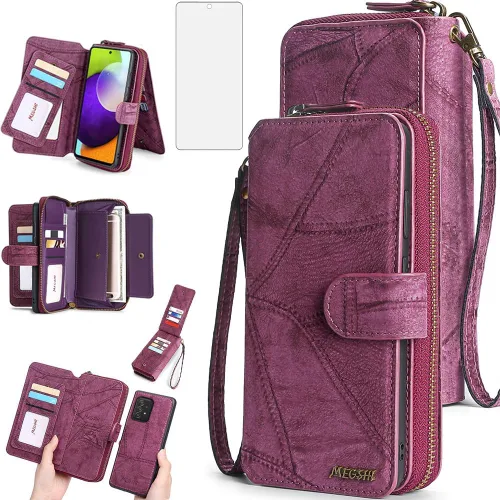 Vista 8 de Asuwish Funda de teléfono para Samsung Galaxy A52/A52S 5G con cremallera, funda desmontable con protector de pantalla y soporte de cuero para Negro