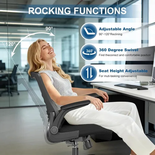 Vista 5 de Silla de oficina ergonómica, silla de escritorio de malla con altura ajustable y reposabrazos abatibles, cómoda silla de computadora para largas