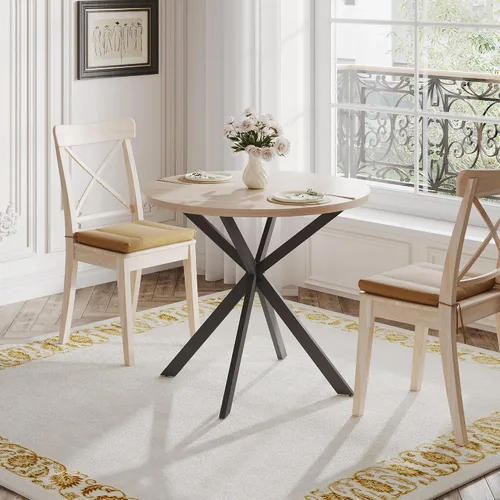 Vista 11 de Mesa de comedor redonda ChooChoo para 2, mesa de cocina de madera estilo granja, mesa de cena circular para cocina y comedor, espacio pequeño, 80