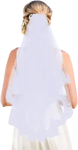 Vista 2 de IKASEFU Velo de novia de 2 niveles con borde de encaje rosa, velo corto con peine para boda, despedida de soltera