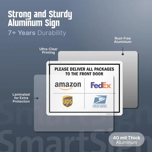 Vista 5 de SmartSign 10 x 14 pulgadas “Por favor entregue todos los paquetes en la puerta delantera” señal de metal con logotipos, aluminio laminado resistente