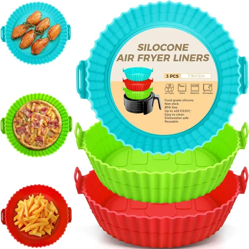 Vista 8 de Beauty - Paquete de 3 forros para freidora de aire, olla de silicona de 8 pulgadas, reutilizable de grado alimenticio, accesorios para cestas