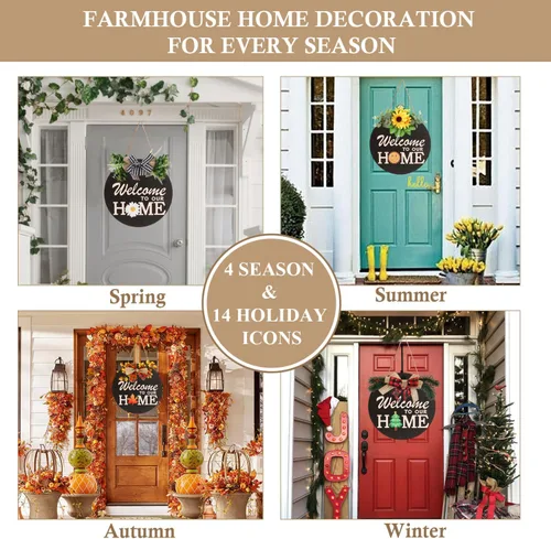 Vista 2 de Señal de bienvenida intercambiable para decoración de puerta delantera con 4 coronas de temporada y 14 iconos festivos, colgador de puerta de Negro