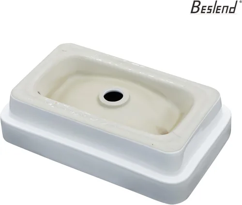 Vista 73 de Fregadero de baño de recipiente, semiempotrado, blanco y negro, 19 x 12 pulgadas, sobre encimera, fregaderos de cerámica rectangulares, encimera