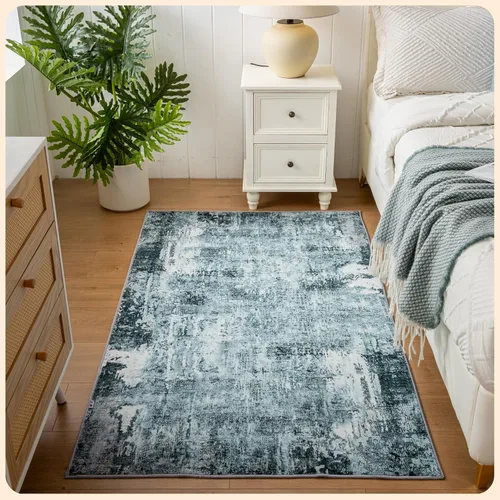 Vista 173 de Istana Alfombra larga antideslizante de 2.5 x 8 para el hogar, para pasillo y cocina, lavable, sedosa y suave al tacto, elegante, color azul y marfil