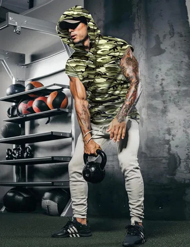 Vista 2 de iWoo Camisetas musculares de moda para hombre con capucha y bolsillo