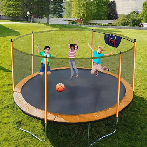 Vista 6 de 1500 libras 10 12 14 15 16 pies para adultos y niños con rociador, luces, aro de baloncesto, bolas de agua, 16 calcetines, trampolín recreativo