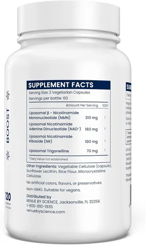 Vista 3 de RENUE by SCIENCE NAD+ Complete 120 cápsulas de suplemento de NAD liposomal con NMN, NR y trigonelina, 210 mg de NMN y 160 mg de NAD por porción