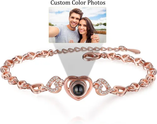 Vista 9 de Jeweidea Custom Bracelet with Picture Inside, Personalized Projection Heart Chain Link with Photo, Memorial Gifts for Women