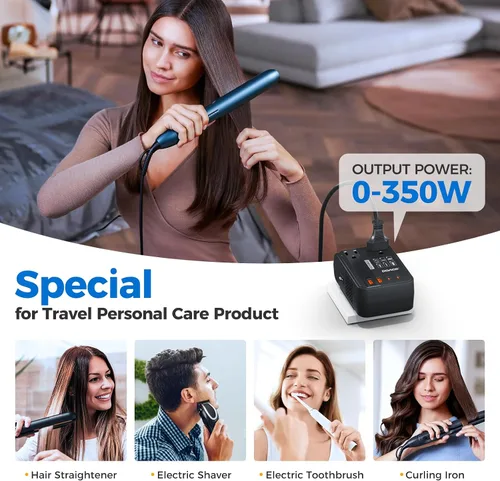 Vista 5 de Convertidor de voltaje de 350 W actualizado de EE. UU. a Europa para alisador de cabello, afeitadora, cepillo de dientes, cámara CPAP, teléfono