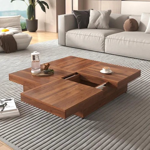 Vista 10 de Mesa de centro moderna con almacenamiento, mesa de cóctel de madera con superficie UV de alto brillo, mesas de centro rectangulares de 2 niveles