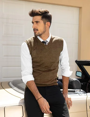 Vista 3 de COOFANDY Chaleco de suéter casual ligero con cuello en V para hombre Vino