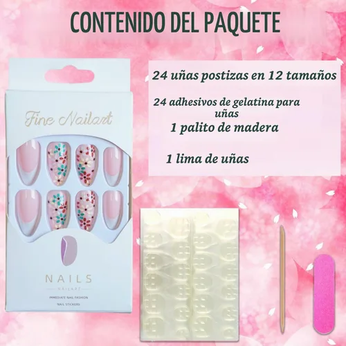Vista 4 de Uñas postizas ovaladas a presión con puntas francesas, juego de uñas postizas cortas de flores artificiales, uñas postizas acrílicas con diseños