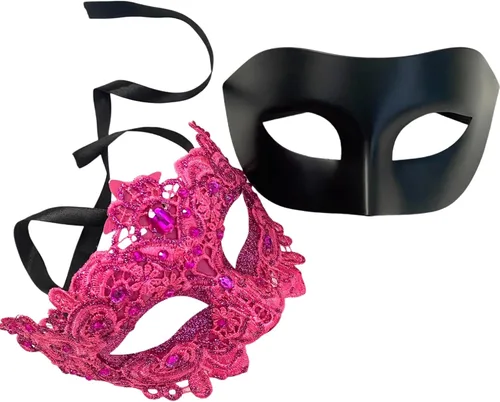 Vista 34 de MASQ Par de máscaras de encaje brocado para mascarada, Mardi Gras, cumpleaños, graduación, boda, fiesta Bk Lace W Pluma