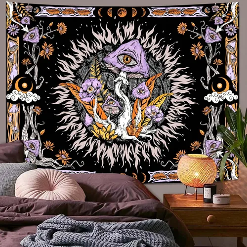 Vista 2 de Lifeella Tapiz de hongos morados, ojos hippie con hojas florales, tapices de fase lunar para dormitorio, grunge, para colgar en la pared, 36 x 48