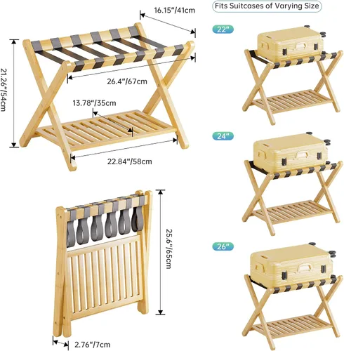 Vista 4 de SMIBUY Portaequipajes, soporte plegable de bambú para maleta con estante de almacenamiento para habitación de invitados, dormitorio, hotel, Natural