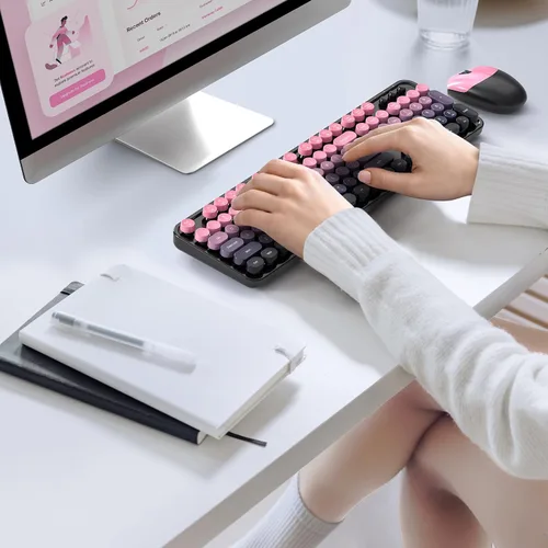 Vista 3 de Dilter Combo de teclado y mouse inalámbricos, teclado retro con teclas redondas, ergonómico de tamaño completo, ideal para PC con Windows, hogar