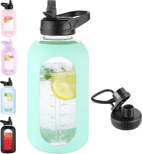 Vista 19 de EALGRO Botella de agua de vidrio de 32 onzas con popote y asa, frasco de agua motivacional deportivo con funda de silicona, taza grande a prueba