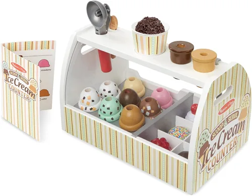 Vista 10 de Melissa & Doug - Encimera de helados de madera con cuchara para servir, juego de tienda de simulación, 28 accesorios de comida y cocina de juguete