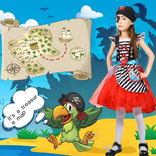 Vista 5 de Wbesty Disfraz de pirata para niñas con vestido espada sombrero parche de ojos bufanda triangular