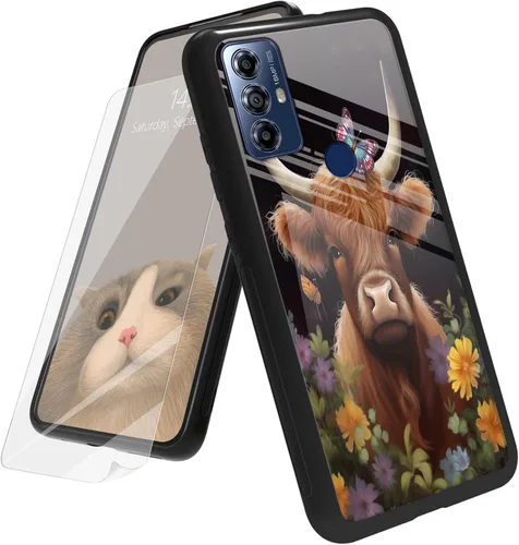 Vista 95 de Funda para Motorola Moto G Play 4G 2024 con protector de pantalla, parte trasera de vidrio templado + funda de silicona suave TPU absorción