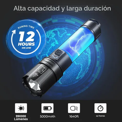 Vista 5 de Linterna LED recargable de alto lúmenes, 80000 lúmenes brillante y potente linterna, 5 modos, luz de flash de mano impermeable IPX6 para acampar