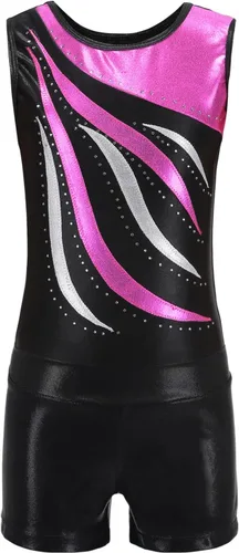 Vista 2 de MEILONGER Leotardos de gimnasia para niñas, de manga larga con pantalones cortos, trajes brillantes de una pieza para niños, colorido traje de baile
