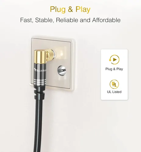 Vista 8 de Cable coaxial BlueRigger RG6 (1.5 pies, conector de 90° a conector de 90° con pin, chapado en oro, triple blindaje) – Cable coaxial de audio y video