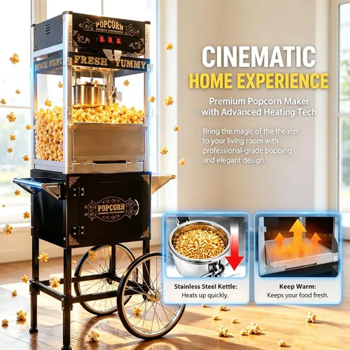Vista 6 de 20 OZ Commercial Popcorn Machine with Cart - Stainless Steel Kettle Popper with Wheels, Warming Deck & Tempered Glass, for Business, School