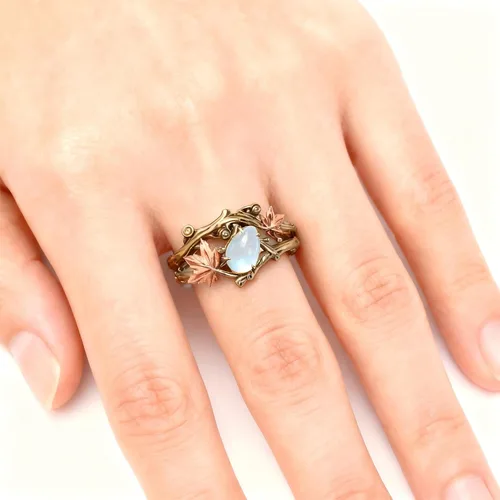 Vista 6 de Anillo de hoja de arce vintage, diseño de estilo natural de lujo, Metal, síntesis