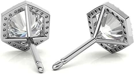 Vista 3 de IGI - Aretes de tuerca de diamantes redondos con halo hexagonal con certificación IGI en oro amarillo blanco de 14 quilates, rosa para mujer